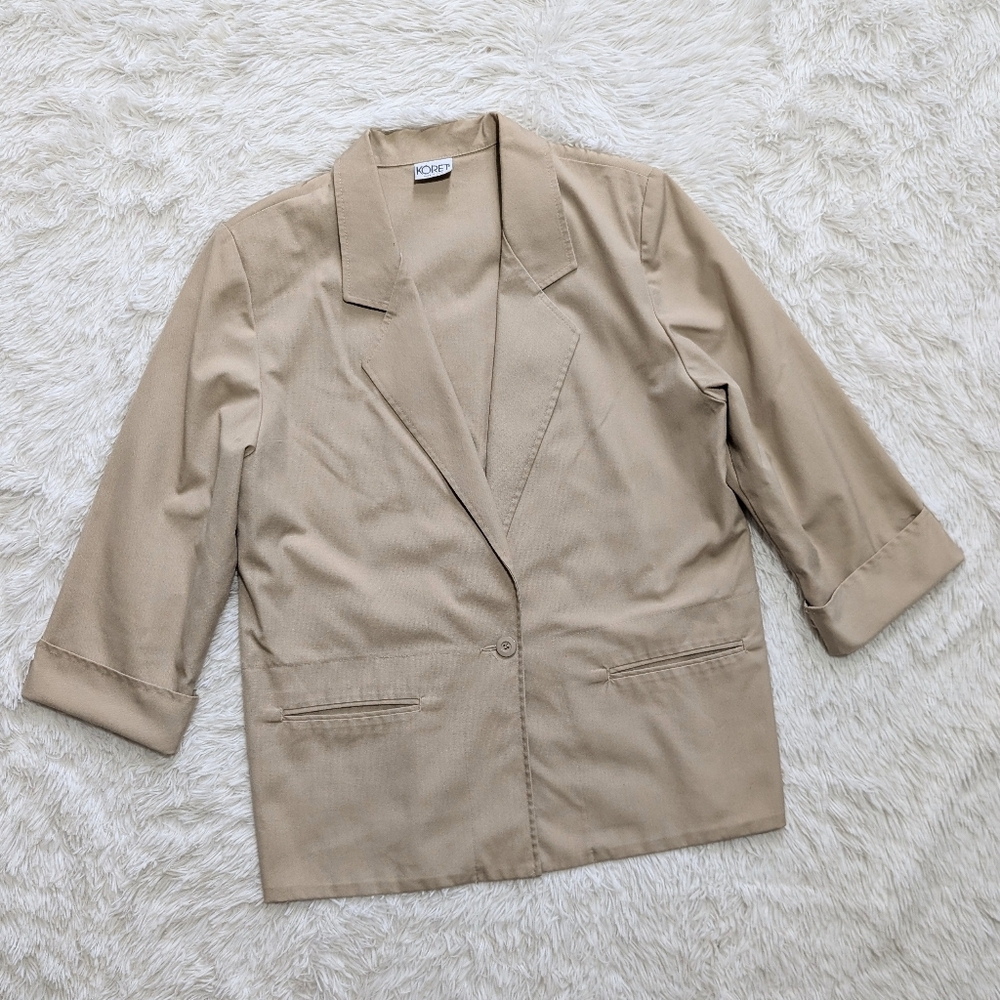 80s Vintage Koret Khaki Single Button Plunge Neck 3/4 Length Cuff Sleeve Blazer